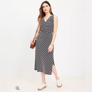 Loft Petite Stripe Knotted Crossover Midi Dress NWOT